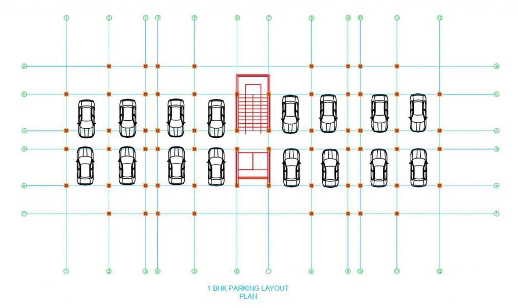 1BHK floor plan and parking layout