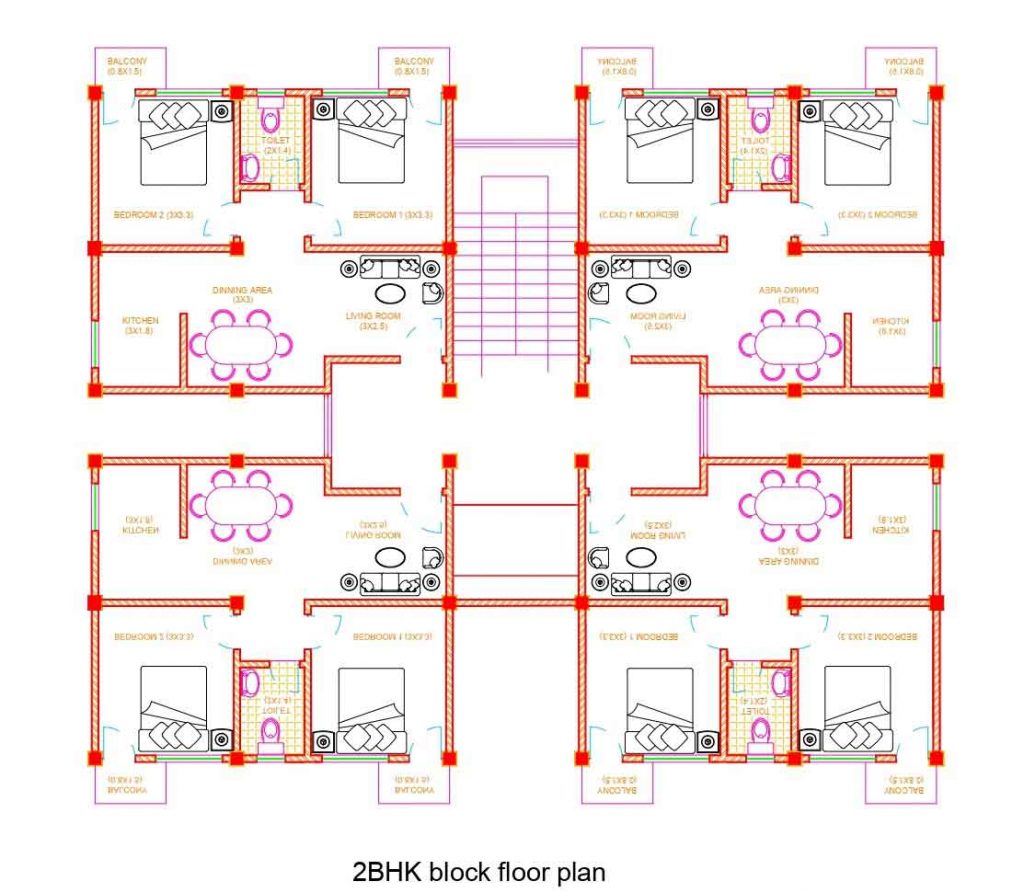 2BHK Apartment floor plan Autocad DWG file