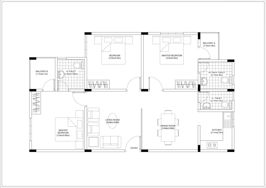 3BHK House Floor Plan