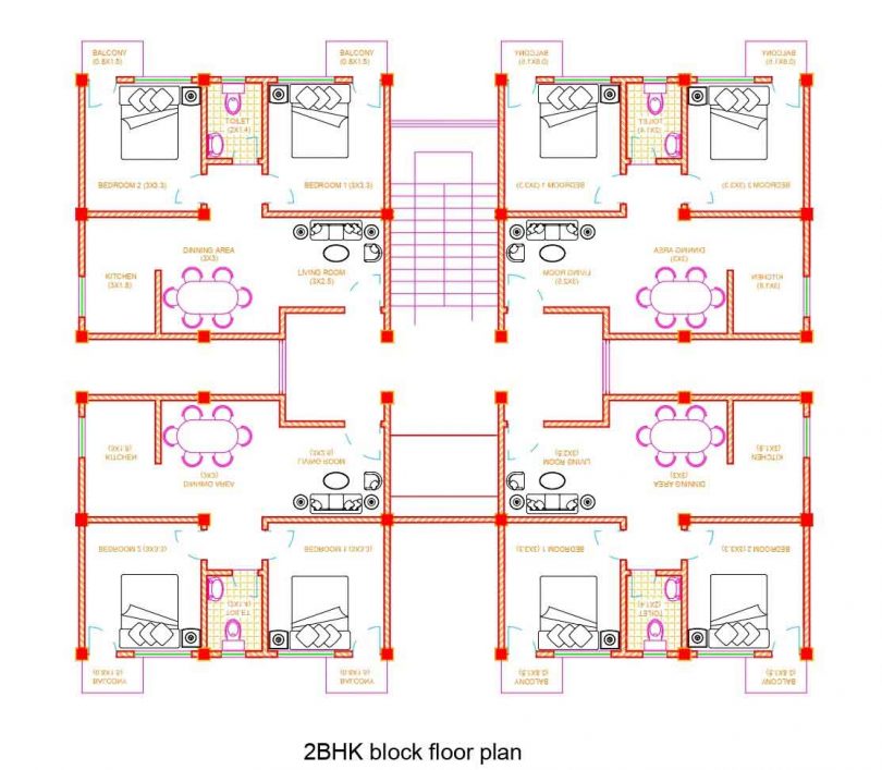 2BHK block floor plan Autocad DWG file Built Archi
