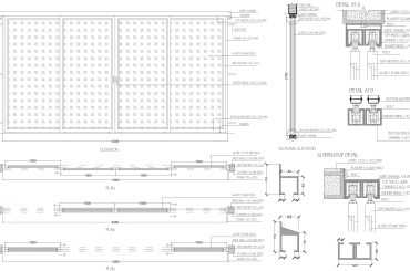 Four-leaf sliding door plan, elevations, sections with all fixing details