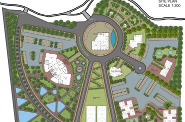 Mix-use complex site plan rendering with ground floor plans