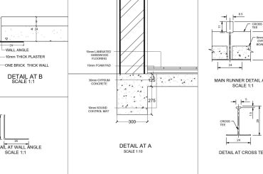 Restaurant floor plan, reflected ceiling plan, a section details