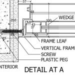 Aluminum window with two sliding leaves plan, elevation, sections and fixing details