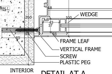 Aluminum window with two sliding leaves plan, elevation, sections and fixing details