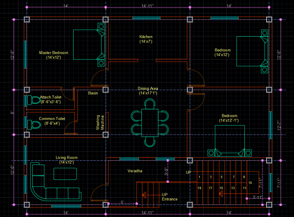 3bhk House Plan Autocad House Plan