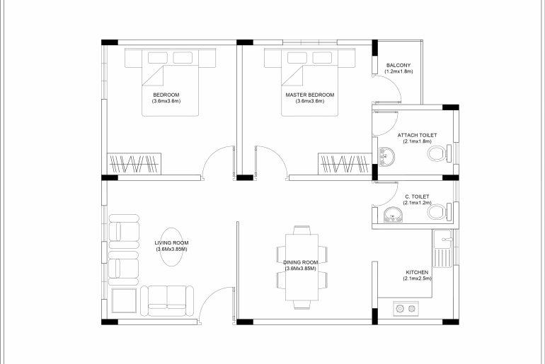 2 BHK House Floor Plan CAD Free Download