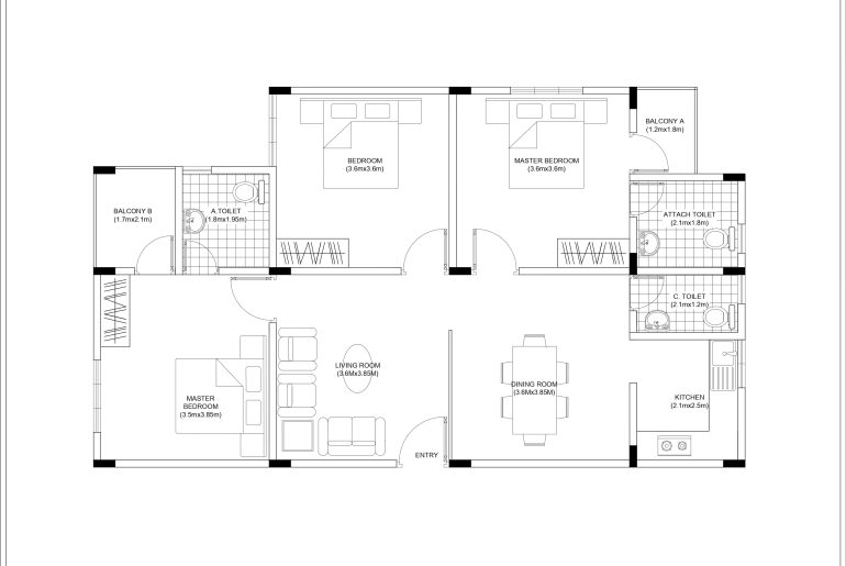 3BHK House Floor Plan CAD Drawing Free Download